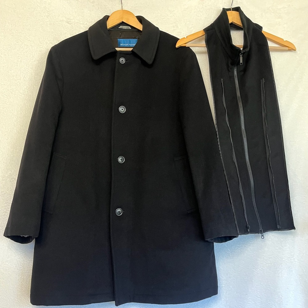 Men's Wool Cashmere Blend Jacket Coat Removable Vest Lining Black Overcoat XL 44